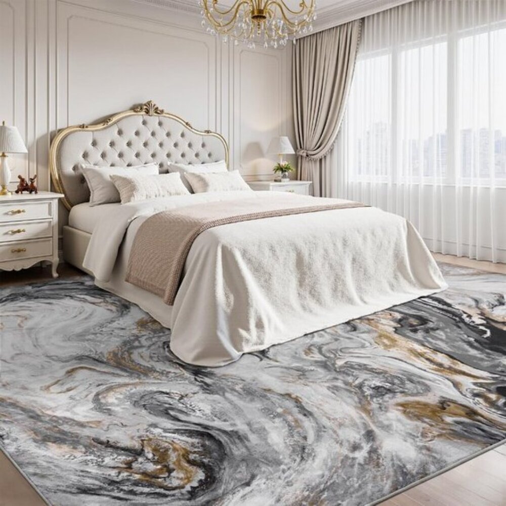 New 5x7 Black & Grey Marble Rug. Ultra-Soft, Washable, Non-Slip, Modern Carpet - Picture 2 of 7